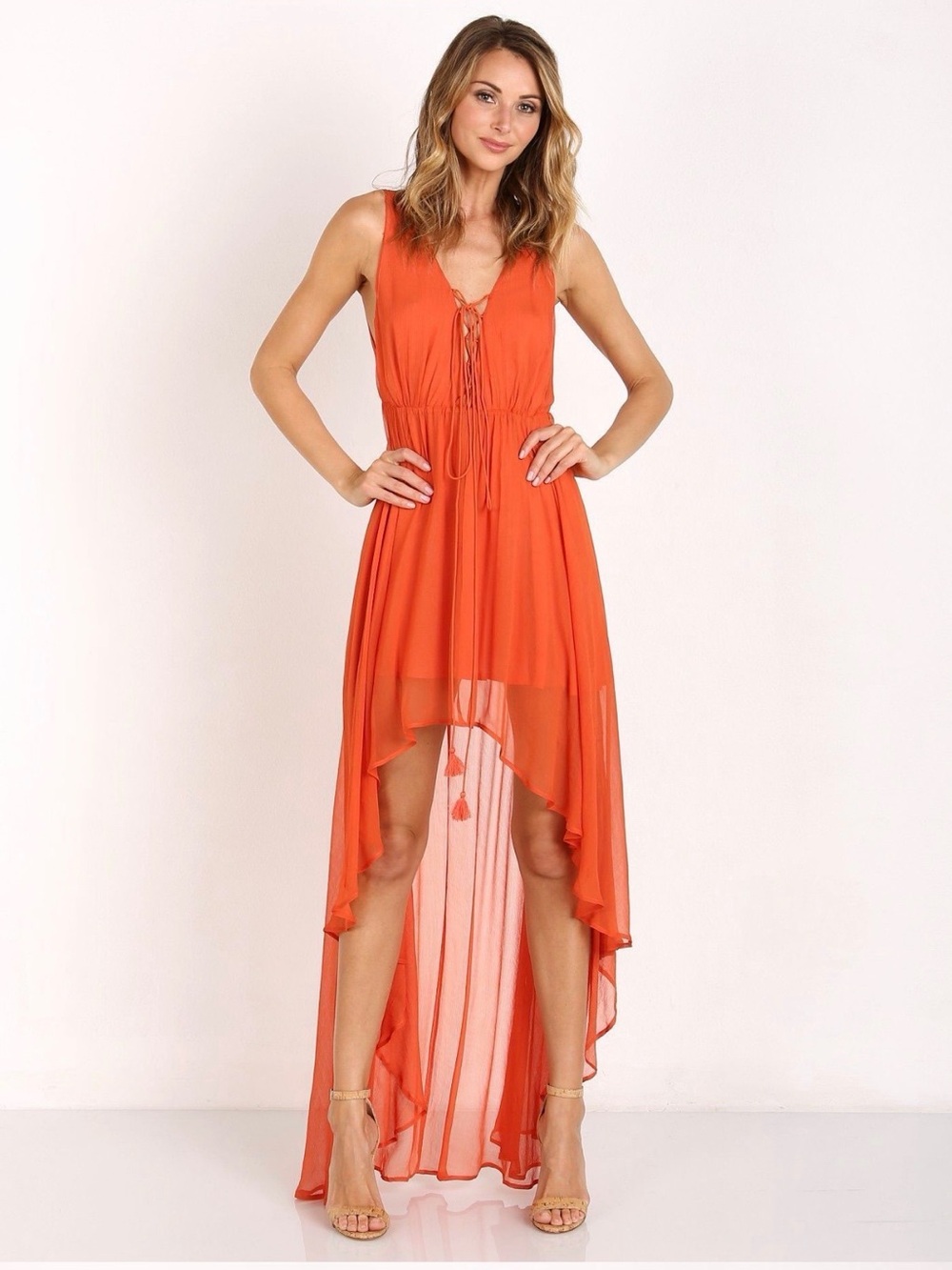 The Jetset Diaries Orange Sleeveless High-Low Tie-Front Maxi Dress